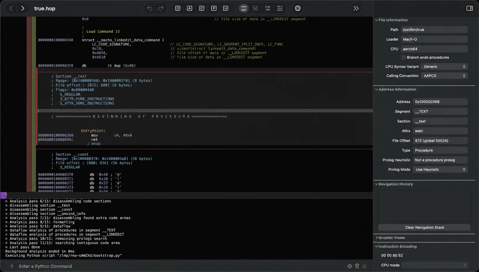 Official REA screenshot showing its analysis bridge inside Hopper while inspecting a native binary